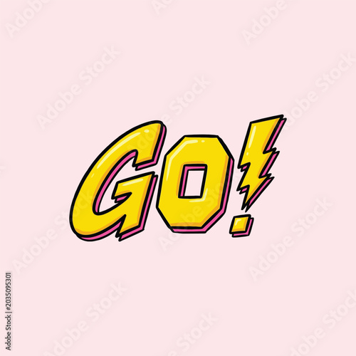 Yellow lettering spelling go with pink outline a vector illustration against a pale pink background typography text word graphic design bold comic