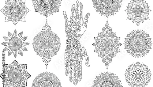 Intricate Mehndi Mandala Ornament Collection with Hamsa Hand Vector Art