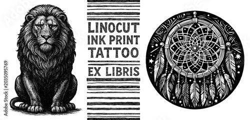 The Lion, the dreamcatcher, tattoo, print, linocut stamp, ex libris, ink