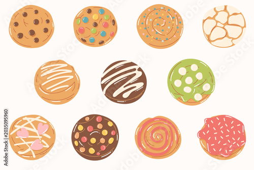 Cookie set with colorful glazed biscuits and sweet toppings in doodle style