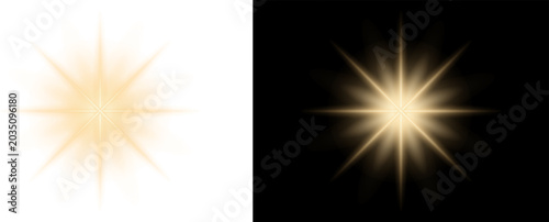 Fotografía Golden glowing star flare effect isolated on transparent and black backgrounds