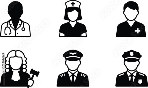 Quadro su tela PriSilhouette icons of diverse professional roles including doctor nurse healthc
