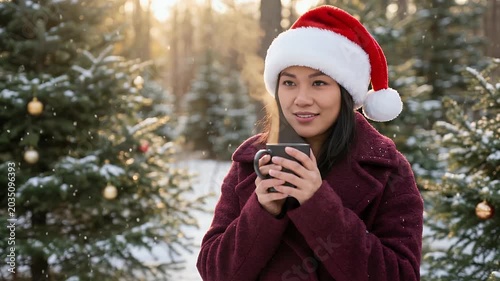 A woman in a Santa hat holding a steaming mug in a snowy Christmas tree farm.