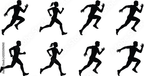 Foto PrintSilhouette icons showing male and female runners in dynamic stride motion f