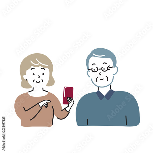 楽しみながらスマホを使うシニア夫婦のイラスト素材