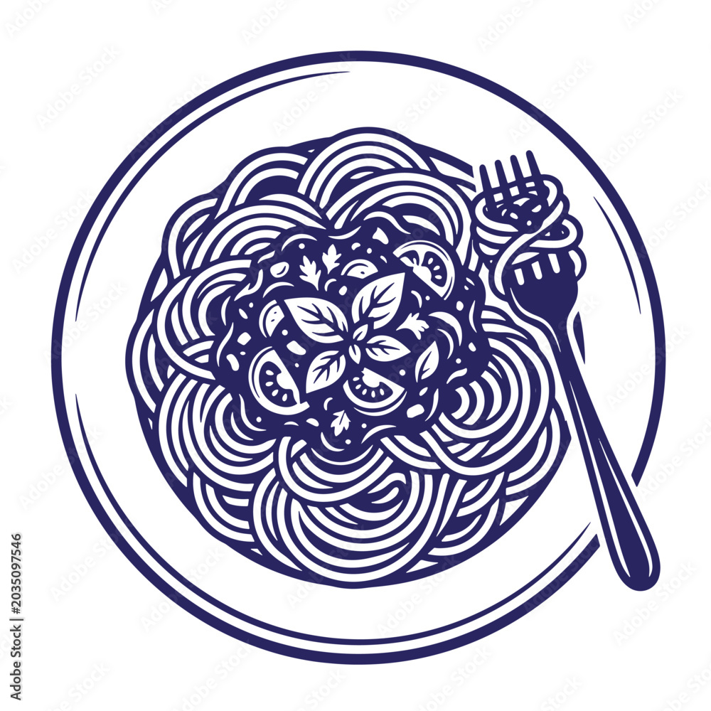 Fototapeta premium Stylized graphic illustration of a delicious plate of italian spaghetti pasta topped with tomato sauce and fresh basil leaves with a fork twisting noodles on the side