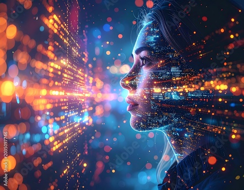 Futuristic Young Woman Profile Surrounded by Glowing Data Lights in Abstract Digital Space