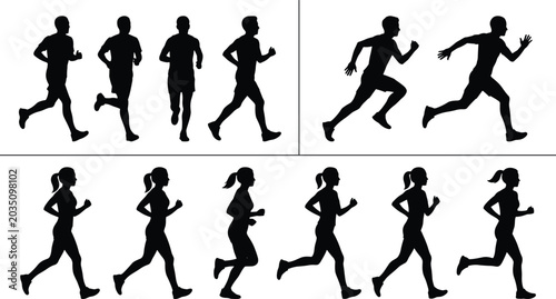 Photography PrintSilhouette stick figures showing running motion, jogging sequence, athletic movement, human stride progression, and sports activity illustration design