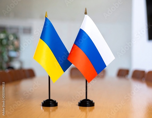 Crossed Ukrainian and Russian Table Flags on Wooden Conference Room Desk