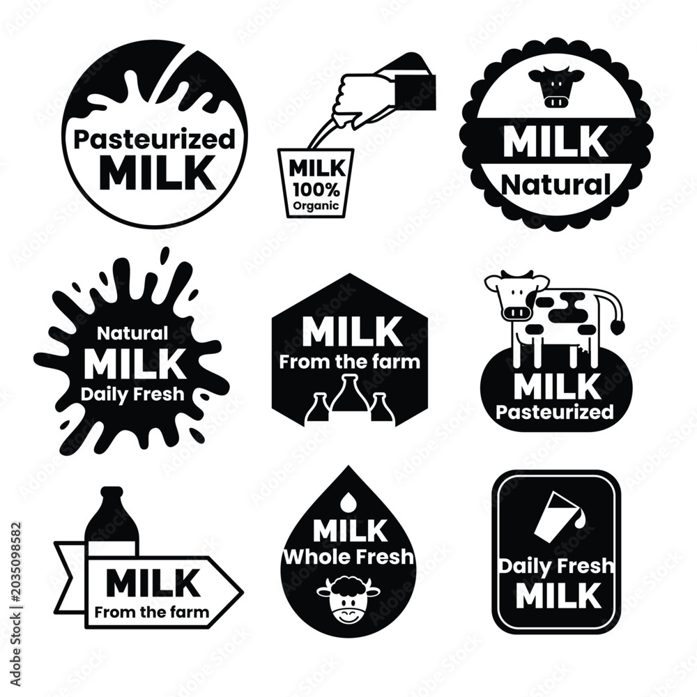Fototapeta premium Fresh Milk Badge Logos Set with Dairy Cow Splash and Organic Farm Labels