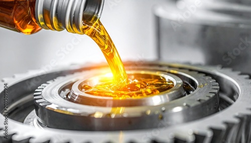 Engine gear lubrication oil pouring on a metal cogwheel. Industrial transmission