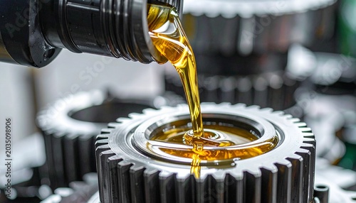 Engine gear lubrication oil pouring on a metal cogwheel. Industrial transmission