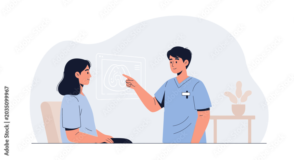 Fototapeta premium Doctor discussing medical scan with female patient, healthcare consultation illustration
