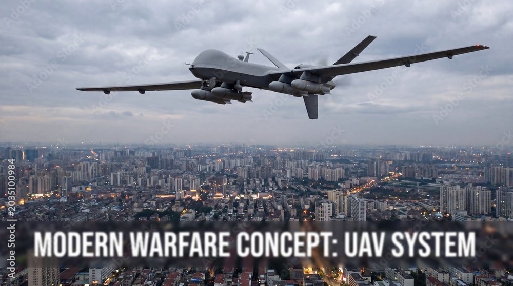 Naklejka premium Military drone armed with explosives flies high above a city. Attack, concept.