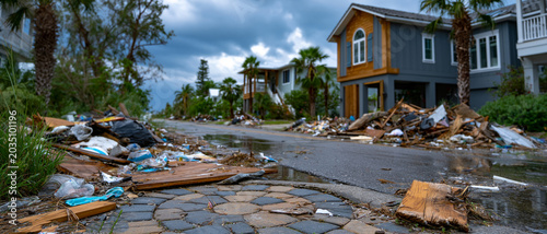 Destroyed houses and debris littering the streets in the aftermath of the hurricane – a stark reminder of the consequences of natural disasters, the need to adapt, 