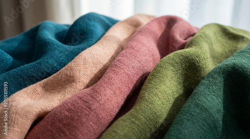 Close-up of Colorful Folded Linen Fabric Swatches