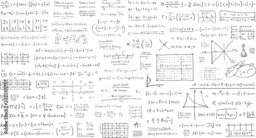Картината върху платно Collage of handwritten mathematical equations formulas and diagrams in grey ink
