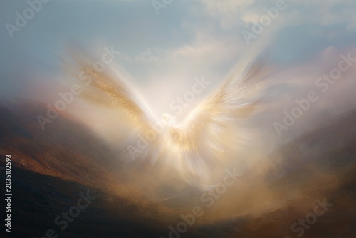 Radiant guardian angel figure hovering in misty sky for spiritual background poster and inspirational banner design