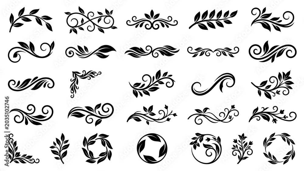 Obraz premium Eco Organic Black Flourish Vector Set with Flowing Leaf Curves for Sustainable Branding