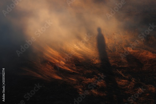 Demon tempter shadow figure amid scorched ground for eerie background and poster design with apocalyptic mood