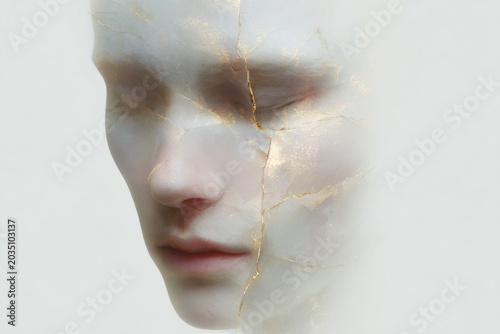 Minimal cracked porcelain face with gold kintsugi lines for mental health poster and healing background design