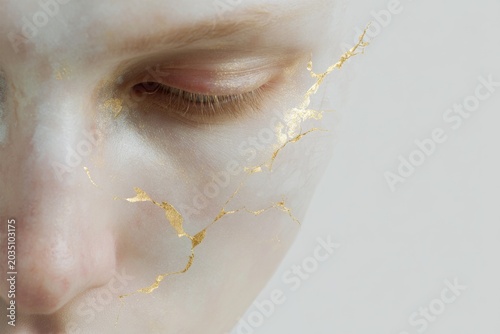 Minimal wounded healer closeup face with gold crack repairs and kintsugi details for serene portrait background and healing concept