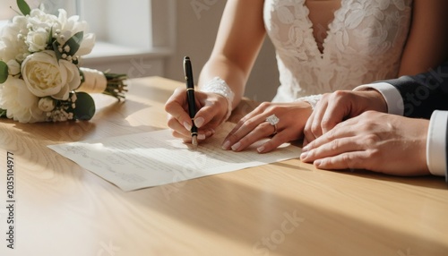 Close up of a newlywed couple signing the marriage certificate at their wedding ceremony, showcasing commitment and legal union concept with a bouquet in soft sunlight