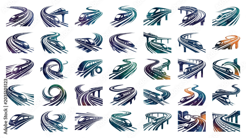Fototapeta premium Urban Transit Line Vector Pack with Watercolor Silhouette Collage Style Railway Motion Curves for Futuristic Transport Design