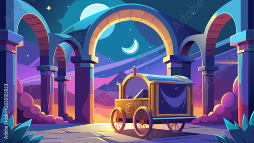 Cuadro en lienzo Vibrant fantasy carriage, ancient arches, moonlit landscape, colorful illustrati