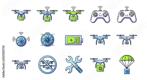 Photos Drone icons collection various designs with remote controls and accessories