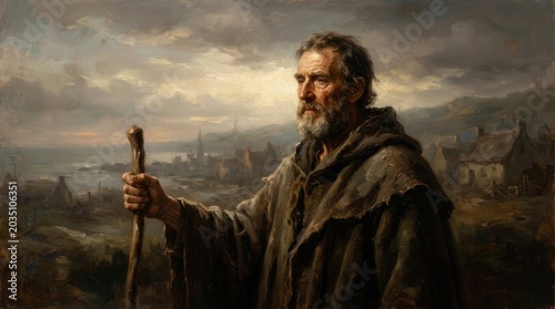 Saint James The Apostle, a venerable bearded man holding a sturdy wooden staff, wearing a rustic hooded garment, standing near a coastal settlement under an overcast weather sky.