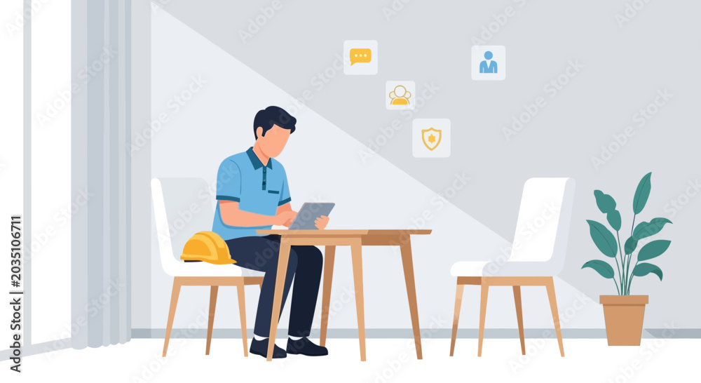 Fototapeta premium Engineer working on tablet in modern office with safety helmet