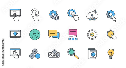Set of colorful icons depicting technology business and web design concepts