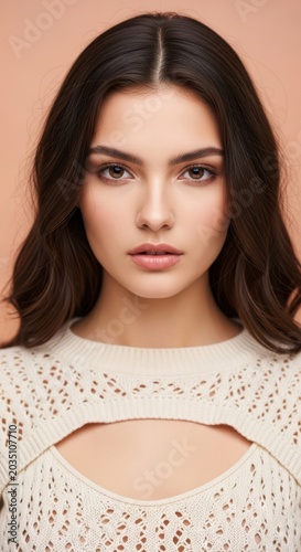 A professional 3/4 portrait of a young woman with striking features and captivating eyes, set against a soft peach background