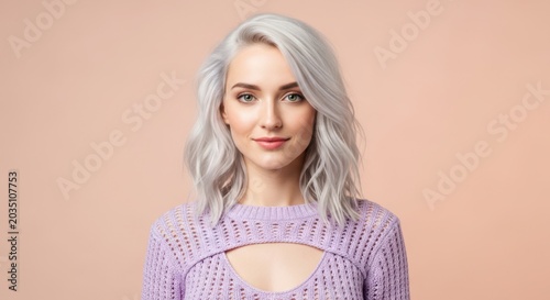 Charming young woman with stylish silver hair and a gentle smile, looking directly at the camera