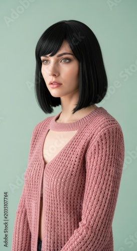 Captivating studio portrait of a thoughtful young woman with a modern black bob haircut, wearing a stylish pink knit cardigan, gazing subtly to the side, highlighting her pensive expression