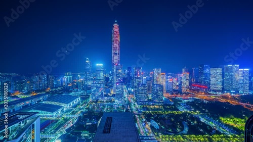 Futian Shenzhen Night Skyline with Illuminated Skyscrapers in Futian, Shenzhen, China