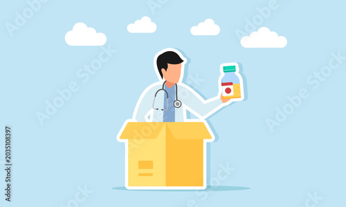 Doctor Holding Medicine Emerging From Box Illustration of Discovering Health Treatment
