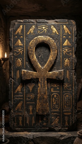Ancient Egyptian ankh stone tablet with carved hieroglyphic relief