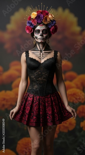 Vibrant portrait of a woman with elaborate sugar skull makeup and a colorful floral crown, embodying the spirit of Day of the Dead cultural celebration