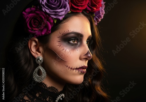 Captivating portrait of a woman wearing intricate sugar skull makeup and a vibrant flower crown, celebrating the rich cultural traditions of Day of the Dead