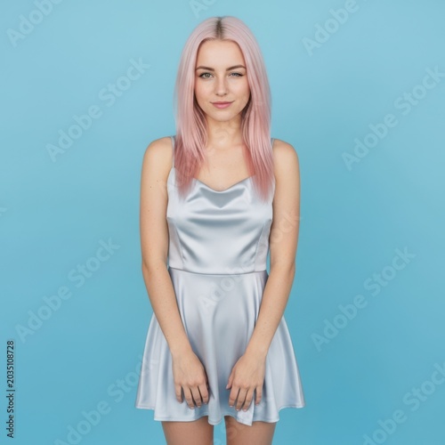 A young woman with striking pink hair, dressed in a light blue satin dress, winks charmingly against a vibrant blue background