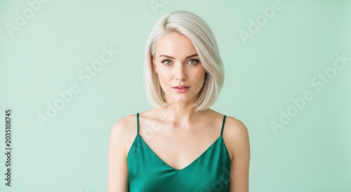 Elegant young woman with short blonde hair wearing a green satin camisole, posing against a pastel background