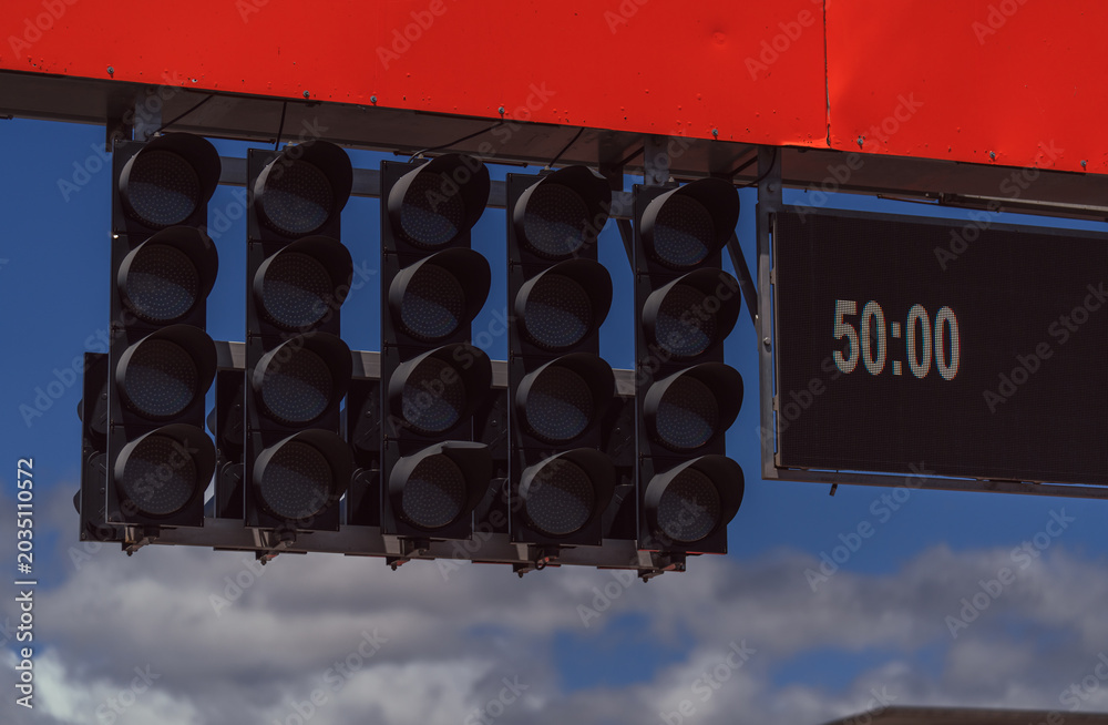 Obraz premium Motorsport starting lights on a speed circuit. Car racing. Competition. Graphic resource