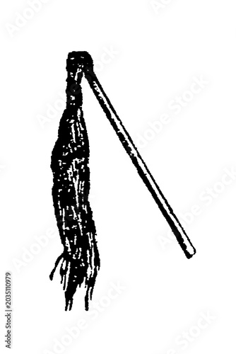 Tableau sur toile Long wooden handle whip with leather tongue for horse guidance, black and white engraving, old vintage illustration, 1897