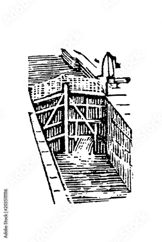 Canal lock gate, double-leaf wooden gate with mitred edges, heavy planking, and metal hinges, technical engraving, old vintage illustration, 1897.