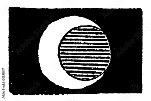 Eclipse diagram, crescent and striped circle, abstract geometric astronomy print, old vintage illustration, 1897.