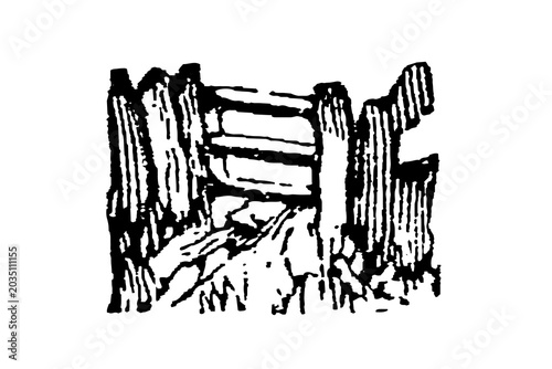 Obraz na płótnie Rustic stile or farm gate), showing roughly hewn wooden beams, a simple crossbar or ladder-step structure, and a muted weathered tone suggesting age and rural use, old vintage illustration, 1897