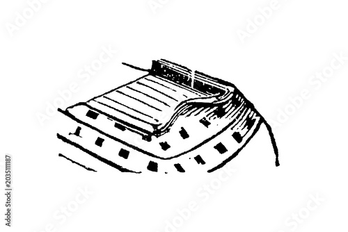 Foto Stern deck or poop deck of a sailing vessel, multiple rows of round windows, curved decorative molding or overhang, fine parallel shading lines on the hull, old vintage illustration, 1897