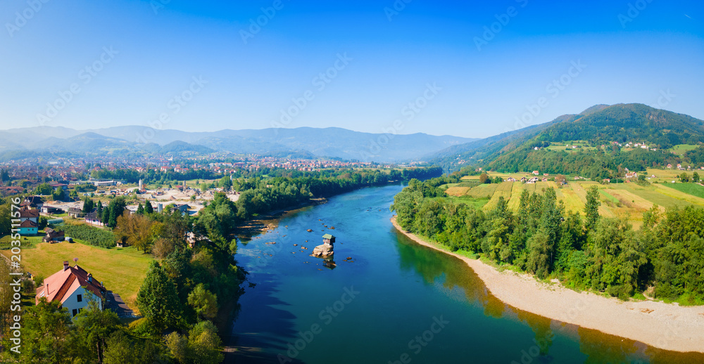 Naklejka premium Aerial view of Drina river house in Bajina Basta, Serbia